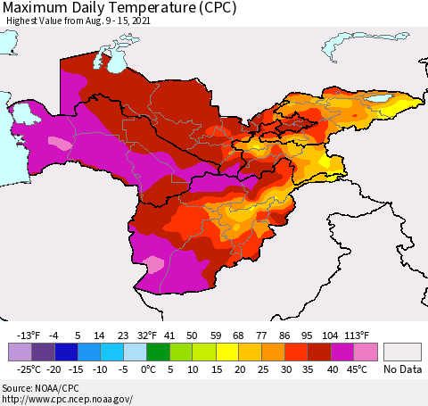 Central Asia Maximum Daily Temperature (CPC) Thematic Map For 8/9/2021 - 8/15/2021