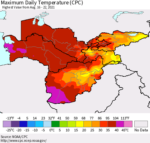 Central Asia Maximum Daily Temperature (CPC) Thematic Map For 8/16/2021 - 8/22/2021
