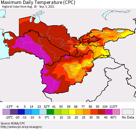 Central Asia Maximum Daily Temperature (CPC) Thematic Map For 8/30/2021 - 9/5/2021