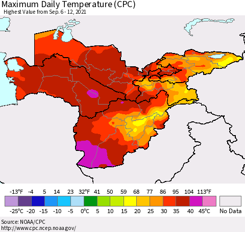 Central Asia Maximum Daily Temperature (CPC) Thematic Map For 9/6/2021 - 9/12/2021