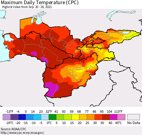 Central Asia Maximum Daily Temperature (CPC) Thematic Map For 9/20/2021 - 9/26/2021