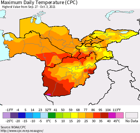 Central Asia Maximum Daily Temperature (CPC) Thematic Map For 9/27/2021 - 10/3/2021