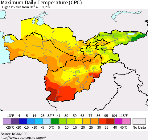Central Asia Maximum Daily Temperature (CPC) Thematic Map For 10/4/2021 - 10/10/2021