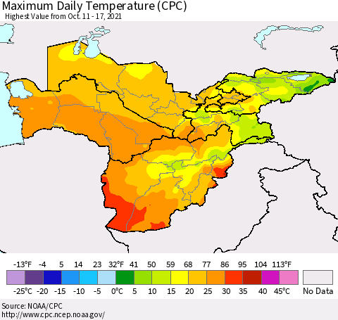 Central Asia Maximum Daily Temperature (CPC) Thematic Map For 10/11/2021 - 10/17/2021