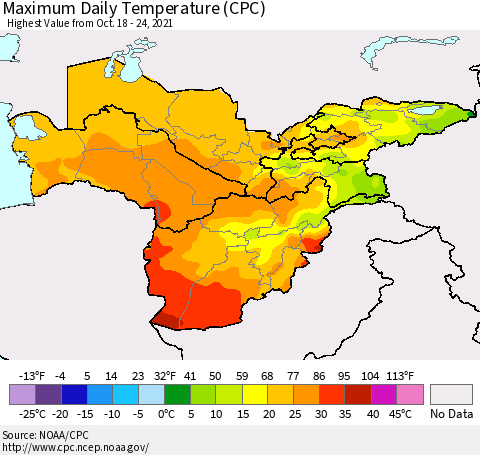 Central Asia Maximum Daily Temperature (CPC) Thematic Map For 10/18/2021 - 10/24/2021