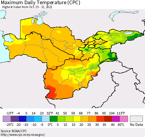 Central Asia Maximum Daily Temperature (CPC) Thematic Map For 10/25/2021 - 10/31/2021