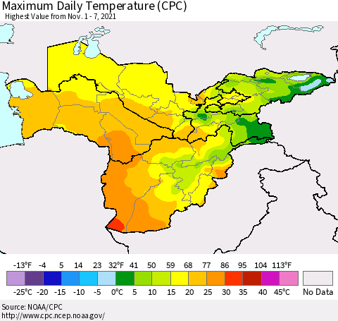 Central Asia Maximum Daily Temperature (CPC) Thematic Map For 11/1/2021 - 11/7/2021