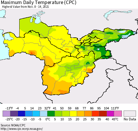 Central Asia Maximum Daily Temperature (CPC) Thematic Map For 11/8/2021 - 11/14/2021