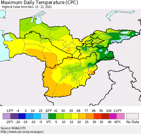 Central Asia Maximum Daily Temperature (CPC) Thematic Map For 11/15/2021 - 11/21/2021