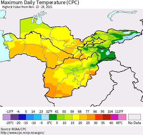 Central Asia Maximum Daily Temperature (CPC) Thematic Map For 11/22/2021 - 11/28/2021