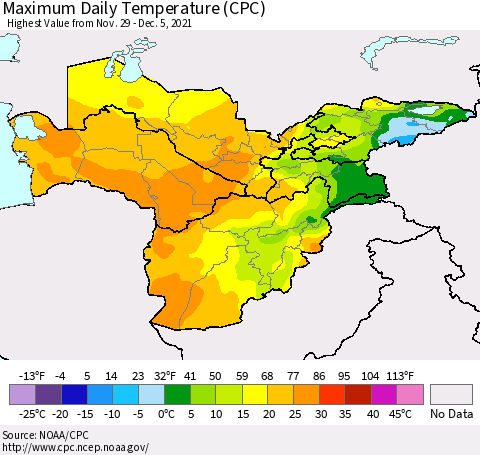 Central Asia Maximum Daily Temperature (CPC) Thematic Map For 11/29/2021 - 12/5/2021