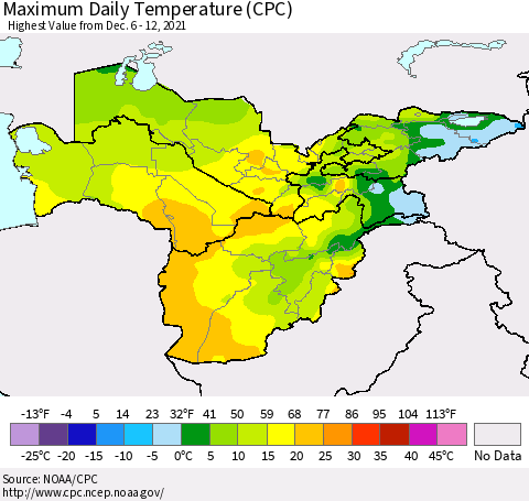 Central Asia Maximum Daily Temperature (CPC) Thematic Map For 12/6/2021 - 12/12/2021