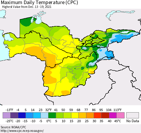 Central Asia Maximum Daily Temperature (CPC) Thematic Map For 12/13/2021 - 12/19/2021