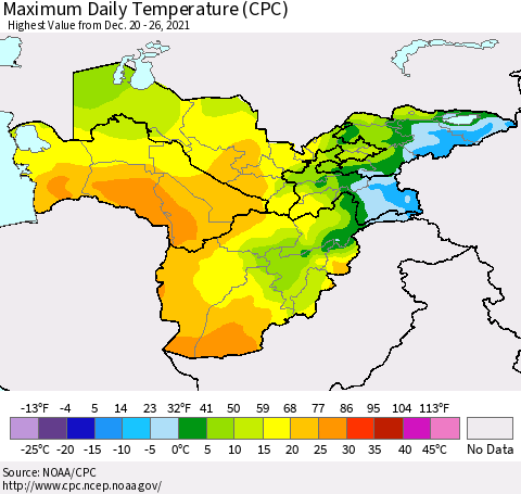 Central Asia Maximum Daily Temperature (CPC) Thematic Map For 12/20/2021 - 12/26/2021