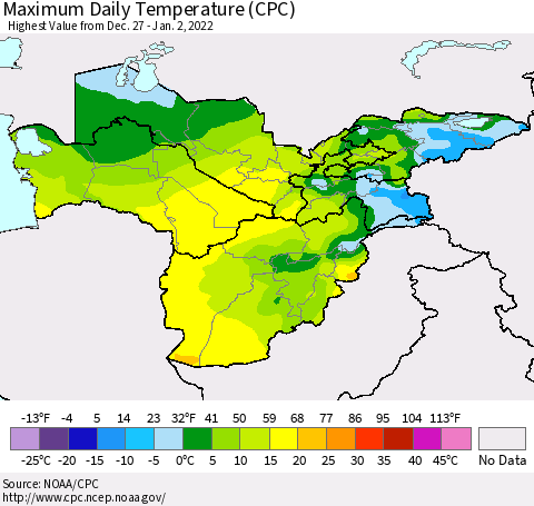 Central Asia Maximum Daily Temperature (CPC) Thematic Map For 12/27/2021 - 1/2/2022