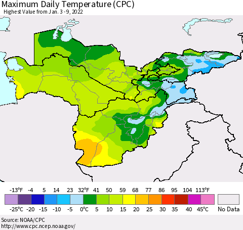 Central Asia Maximum Daily Temperature (CPC) Thematic Map For 1/3/2022 - 1/9/2022