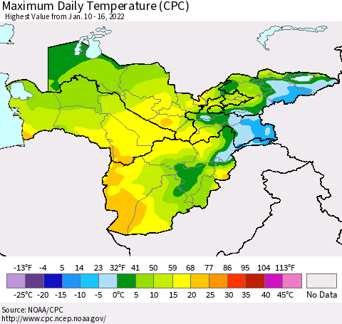 Central Asia Maximum Daily Temperature (CPC) Thematic Map For 1/10/2022 - 1/16/2022