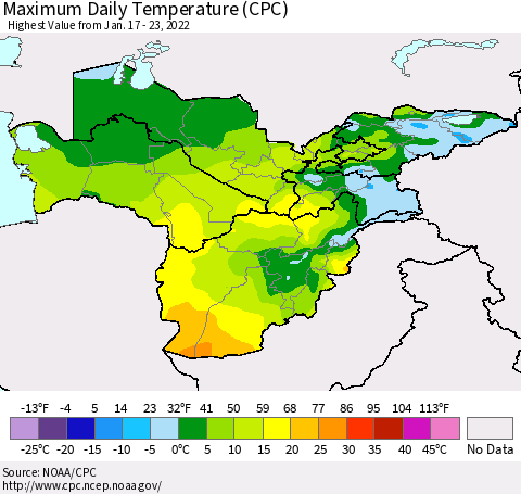Central Asia Maximum Daily Temperature (CPC) Thematic Map For 1/17/2022 - 1/23/2022
