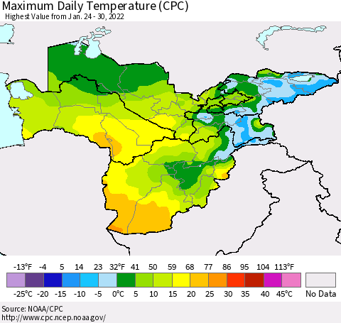 Central Asia Maximum Daily Temperature (CPC) Thematic Map For 1/24/2022 - 1/30/2022