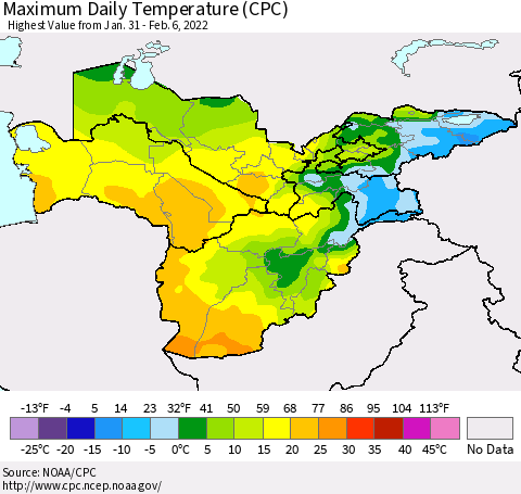 Central Asia Maximum Daily Temperature (CPC) Thematic Map For 1/31/2022 - 2/6/2022