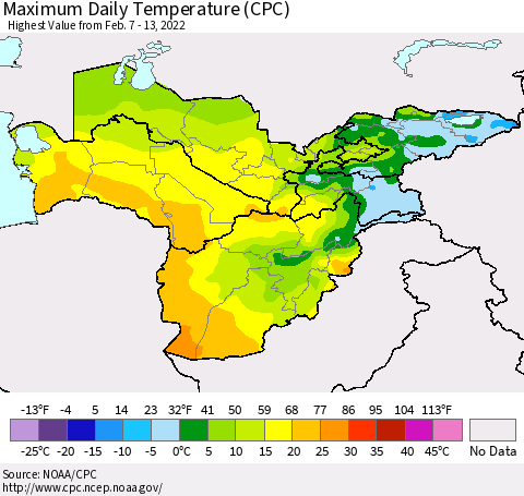Central Asia Maximum Daily Temperature (CPC) Thematic Map For 2/7/2022 - 2/13/2022