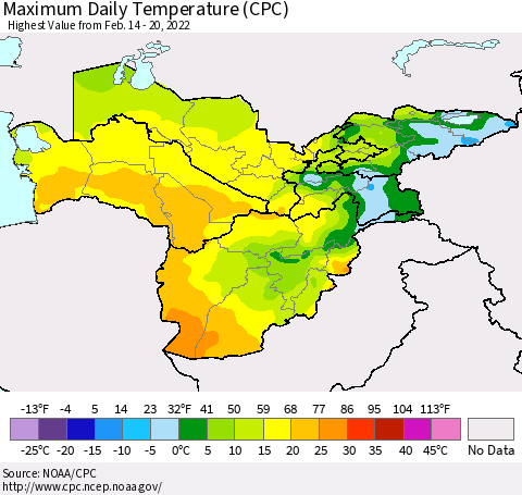 Central Asia Maximum Daily Temperature (CPC) Thematic Map For 2/14/2022 - 2/20/2022