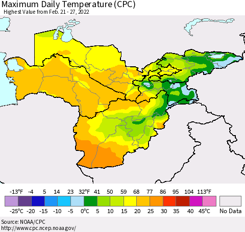 Central Asia Maximum Daily Temperature (CPC) Thematic Map For 2/21/2022 - 2/27/2022
