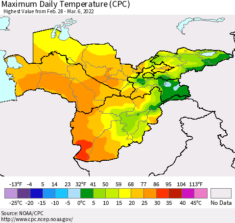 Central Asia Maximum Daily Temperature (CPC) Thematic Map For 2/28/2022 - 3/6/2022