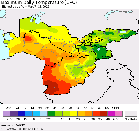Central Asia Maximum Daily Temperature (CPC) Thematic Map For 3/7/2022 - 3/13/2022