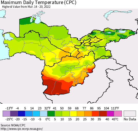 Central Asia Maximum Daily Temperature (CPC) Thematic Map For 3/14/2022 - 3/20/2022