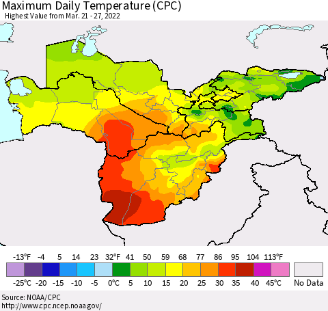Central Asia Maximum Daily Temperature (CPC) Thematic Map For 3/21/2022 - 3/27/2022