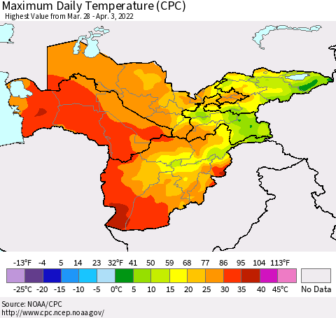 Central Asia Maximum Daily Temperature (CPC) Thematic Map For 3/28/2022 - 4/3/2022
