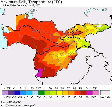 Central Asia Maximum Daily Temperature (CPC) Thematic Map For 4/11/2022 - 4/17/2022