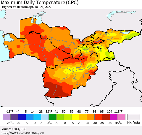 Central Asia Maximum Daily Temperature (CPC) Thematic Map For 4/18/2022 - 4/24/2022