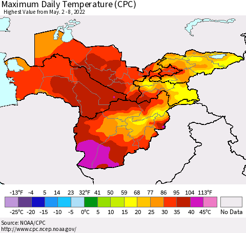 Central Asia Maximum Daily Temperature (CPC) Thematic Map For 5/2/2022 - 5/8/2022