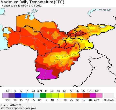 Central Asia Maximum Daily Temperature (CPC) Thematic Map For 5/9/2022 - 5/15/2022