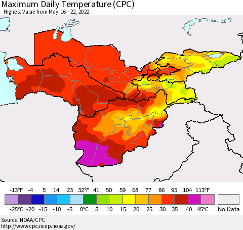 Central Asia Maximum Daily Temperature (CPC) Thematic Map For 5/16/2022 - 5/22/2022