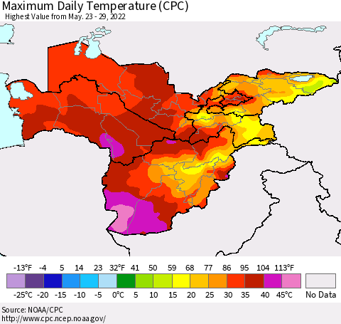 Central Asia Maximum Daily Temperature (CPC) Thematic Map For 5/23/2022 - 5/29/2022