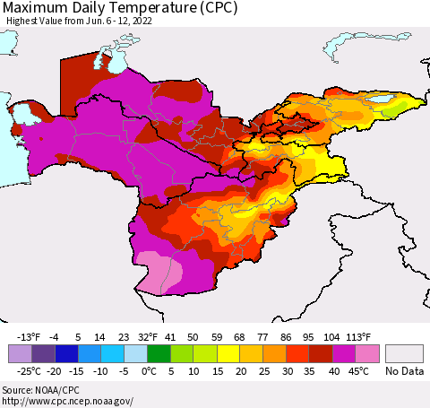 Central Asia Maximum Daily Temperature (CPC) Thematic Map For 6/6/2022 - 6/12/2022