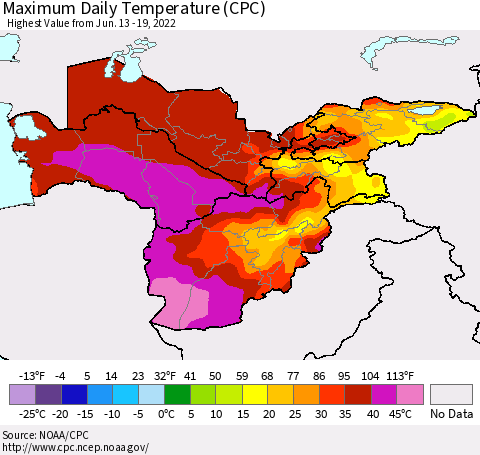 Central Asia Maximum Daily Temperature (CPC) Thematic Map For 6/13/2022 - 6/19/2022