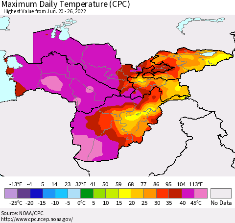 Central Asia Maximum Daily Temperature (CPC) Thematic Map For 6/20/2022 - 6/26/2022