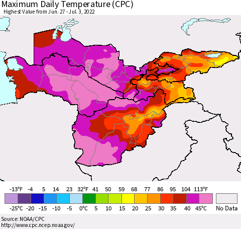 Central Asia Maximum Daily Temperature (CPC) Thematic Map For 6/27/2022 - 7/3/2022
