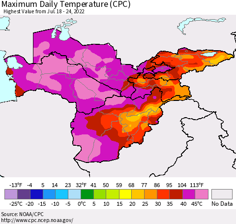 Central Asia Maximum Daily Temperature (CPC) Thematic Map For 7/18/2022 - 7/24/2022