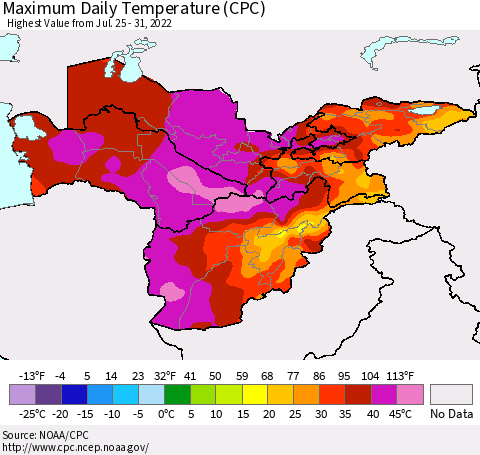 Central Asia Maximum Daily Temperature (CPC) Thematic Map For 7/25/2022 - 7/31/2022