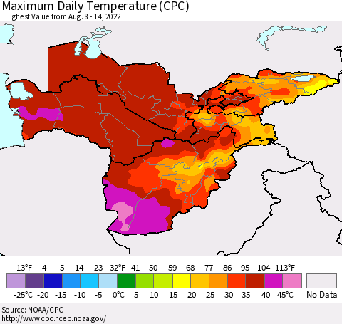 Central Asia Maximum Daily Temperature (CPC) Thematic Map For 8/8/2022 - 8/14/2022