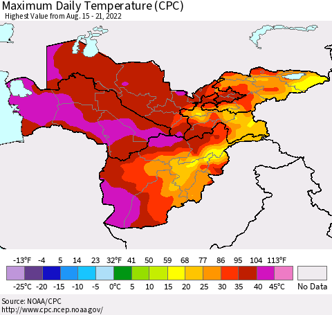 Central Asia Maximum Daily Temperature (CPC) Thematic Map For 8/15/2022 - 8/21/2022