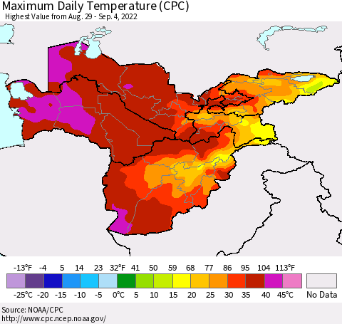 Central Asia Maximum Daily Temperature (CPC) Thematic Map For 8/29/2022 - 9/4/2022