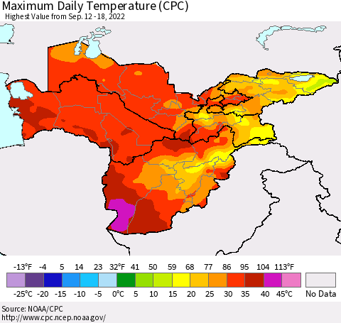 Central Asia Maximum Daily Temperature (CPC) Thematic Map For 9/12/2022 - 9/18/2022