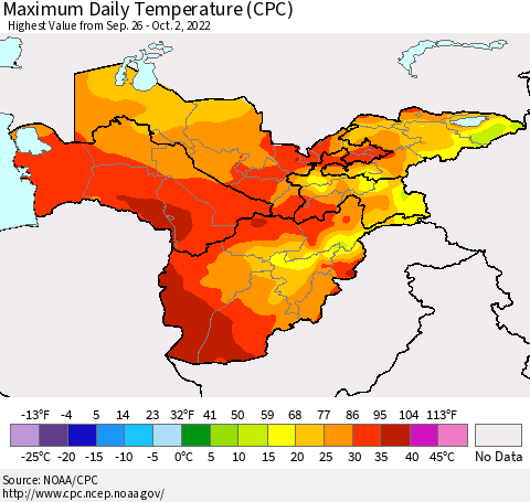 Central Asia Maximum Daily Temperature (CPC) Thematic Map For 9/26/2022 - 10/2/2022