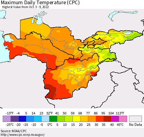 Central Asia Maximum Daily Temperature (CPC) Thematic Map For 10/3/2022 - 10/9/2022